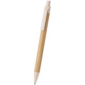 A bamboo pen with a white clip and tip, featuring a simplistic design and a smooth finish.