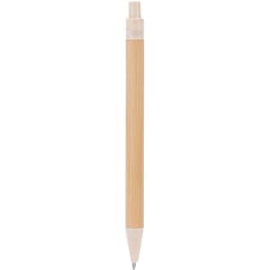 A wooden pen featuring a natural bamboo finish and a white tip, with a logo on the top.