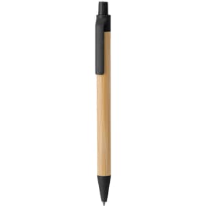 A wooden pen in a natural bamboo finish with a black clip and tip. It features a branding logo.