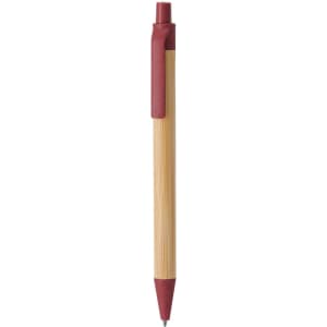 A wooden pen with a bamboo body and a burgundy cap and grip, featuring a logo on the side.