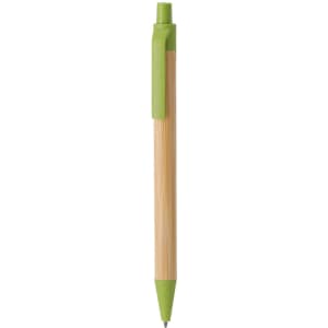 A wooden pen featuring a natural bamboo body and a green clip, with a branding logo visible on the clip.