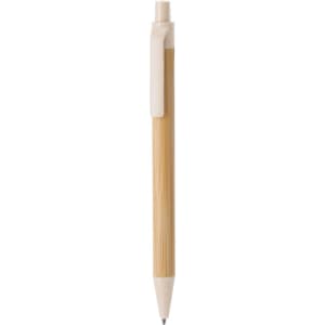 A wooden pen with a light brown bamboo stem and a white plastic clip and tip, featuring a logo.