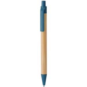 A wooden pen with a blue plastic clip and nib, featuring a smooth natural wood finish.