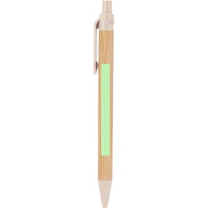 A wooden pen with a bamboo body and light green clip, featuring a logo on the side.