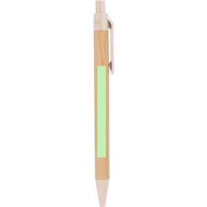 A wooden pen in natural tones with a mint green accent and a clip. The pen features a logo on its body.