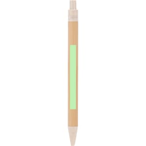 A wooden pen featuring a light green barrel and a white tip, with a logo at the top.