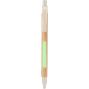 A wooden pen featuring a natural bamboo body and a green accent, with a clip and a gentle ivory tip.