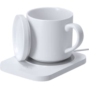 A white cup warmer with a lid and a flat base, designed for keeping drinks warm. It has a logo on its surface.