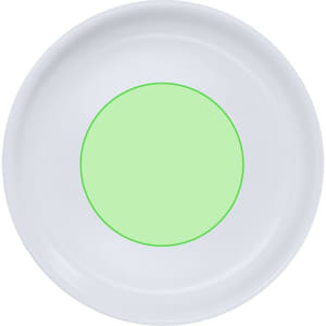 A round charger cup warmer in white with a green centre. It features a logo on the surface.