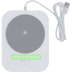A white charger cup warmer with a grey circular heating surface and a USB cable, featuring a logo on the front.