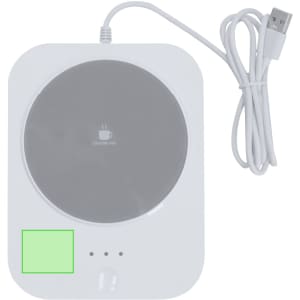 A white charger cup warmer with a grey surface, featuring a USB cable and a small logo.