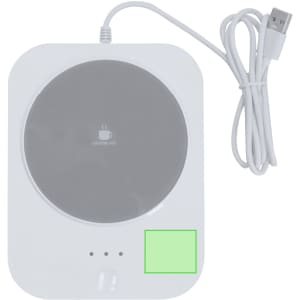 A charger cup warmer in white with a grey heating plate and a white USB cable. Features a green button.