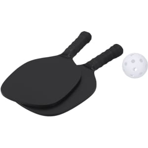 Two black pickleball rackets with textured handles and a white pickleball. The rackets have a simple, sleek design.