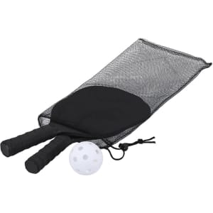Two black pickleball rackets with grips, a white ball, and a black mesh carrying bag.