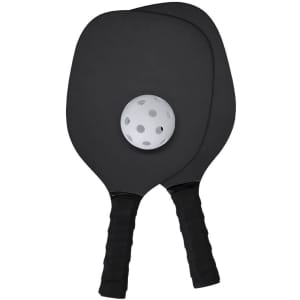 Two black Wenop pickleball rackets with textured black grips, accompanied by a white ball with black dots.