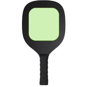 A black pickleball racket with a green hitting surface and a textured black handle, featuring a simple logo.
