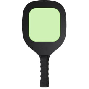 A black pickleball racket with a square green hitting surface and a textured black grip. It features a logo on the handle.
