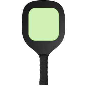 A pickleball racket with a black handle and a light green paddle surface. It features a logo on the handle.