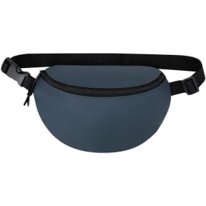 A dark blue bum bag with a black adjustable strap and a zippered compartment, featuring a logo.