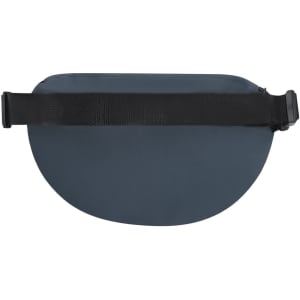 A dark blue bum bag with a black adjustable strap and a simple design, featuring a logo.