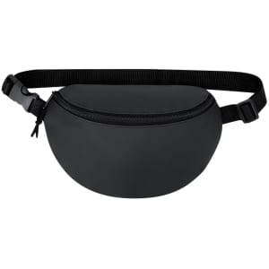 A black waistbag with a rounded design, featuring a zippered compartment and an adjustable strap.