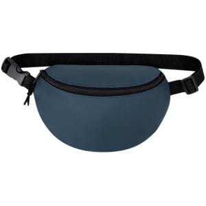 A navy blue bum bag with a zippered compartment and an adjustable strap. It features a logo on the front.