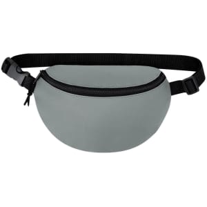 A grey bum bag with a zippered compartment and an adjustable black strap, featuring a simple design.