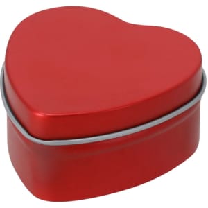 A red heart-shaped tin with a secure lid, perfect for storing small items or gifts.