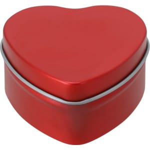 A red heart-shaped tin with a silver rim, designed for storage or presentation of items.