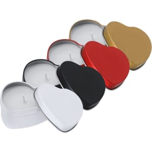 A set of heart-shaped aromatic candles in white, black, red, gold, and silver tins.