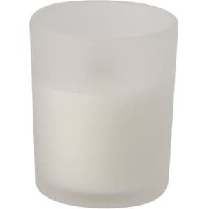 A frosted glass candle holder containing a white aromatic candle, showcasing a minimalistic design.