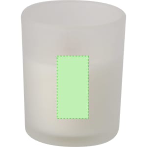 A frosted glass candle holder with a white candle inside, featuring a blank space for branding.