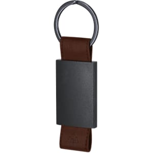 A brown leather keyring featuring a sleek black metal attachment and a circular ring.