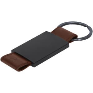 A brown and black keyring featuring a metal ring and a leather strap. It has a branded rectangular attachment.