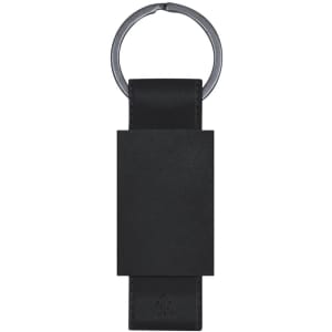 A black keyring with a smooth leather-like surface and a silver metal ring at the top.