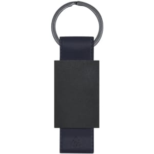A navy keyring featuring a black rectangular attachment and a metal circular keyring. It has a logo in one area.
