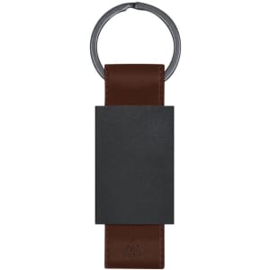 A brown leather keyring with a metal ring and a black rectangular section, featuring a branding logo.