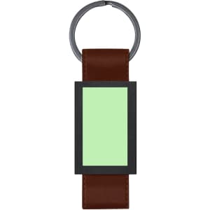 A brown leather keyring featuring a black frame and a green insert, attached to a metal ring.