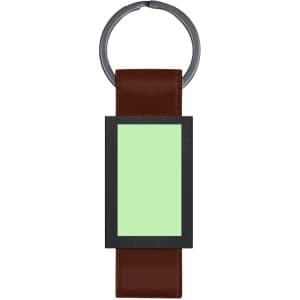 A brown keyring with a rectangular black frame and a green insert, featuring a metallic keyring attachment.