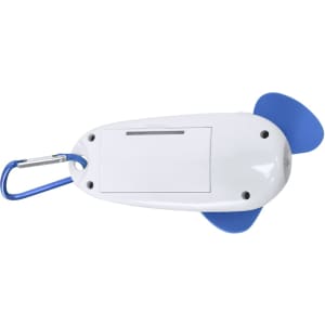 A white and blue fish-shaped carabiner keyring with a blank label area and a metal clip.