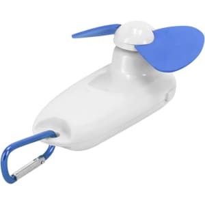 A white Ticsy Fan with blue blades and a carabiner for attachment.