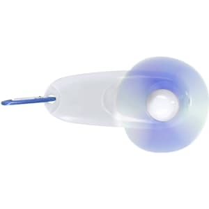 A translucent blue and white fan with a carabiner attached. The fan's design features a round shape.