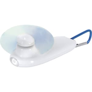A white handheld fan with a blue carabiner attachment, featuring a circular blade and a small light.