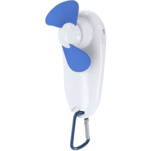 A portable fan with blue blades attached to a white body and a blue carabiner.