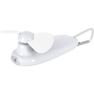 A white portable fan with a carabiner attachment, featuring a small light and two propeller blades.