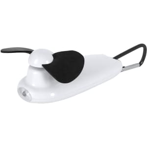 A white and black Ticsy Fan, featuring a carabiner and a built-in LED light for convenience.