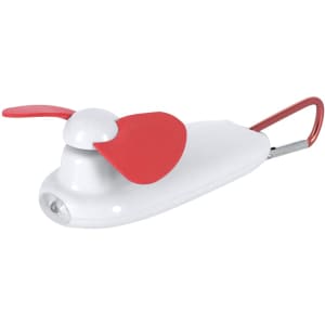 A red and white Ticsy Fan with a carabiner, designed for convenience and portability.