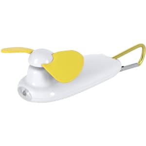 A white and yellow Ticsy Fan with a carabiner attachment and a small light feature. It has a playful design.