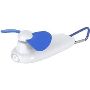 A white fan with blue blades and a built-in carabiner. It also includes a light feature.