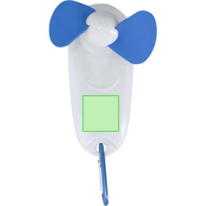 A white and blue portable fan with two blue blades and a carabiner attachment. Includes a branding area.